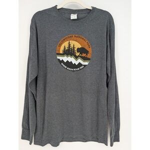 Yellowstone National Park Bison Graphic Charcoal Gray Long Sleeve Tee Retro Knit